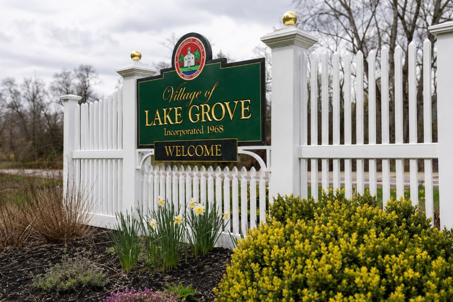 A landscaped welcome sign marks the entrance to the Village of Lake Grove, featuring the community seal, decorative white fencing, and seasonal plantings. The sign reflects the village’s identity as one of central Suffolk County’s incorporated communities and serves as a recognizable landmark for residents and visitors entering the village.