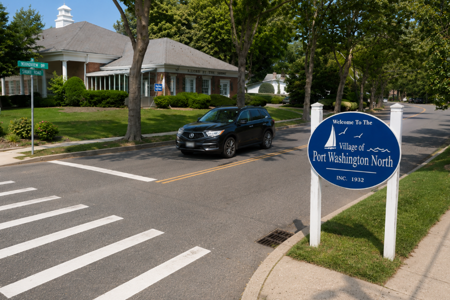 Port Washington North village welcome sign along Shore Road, marking the entrance to one of the incorporated communities on the Port Washington Peninsula. Port Washington North was incorporated in 1932 and remains closely connected to the larger Port Washington community, nearby waterfront areas, and the scenic shores of Manhasset Bay and Long Island Sound. 