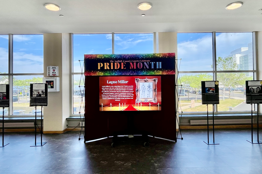 The court’s Pride Exhibit on display on the second floor mezzanine of the John P. Cohalan Jr. Court Complex.