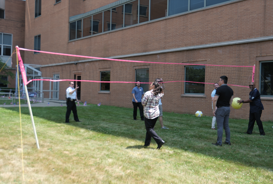 Staff members enjoy a pick-up game of “Courthouse Volleyball”