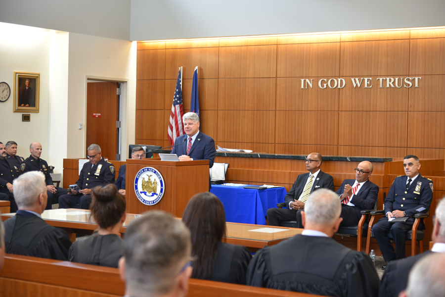 Suffolk District Administrative Judge Andrew Crecca gives welcoming remarks at the Court Officer Recognition Ceremony in Riverhead.