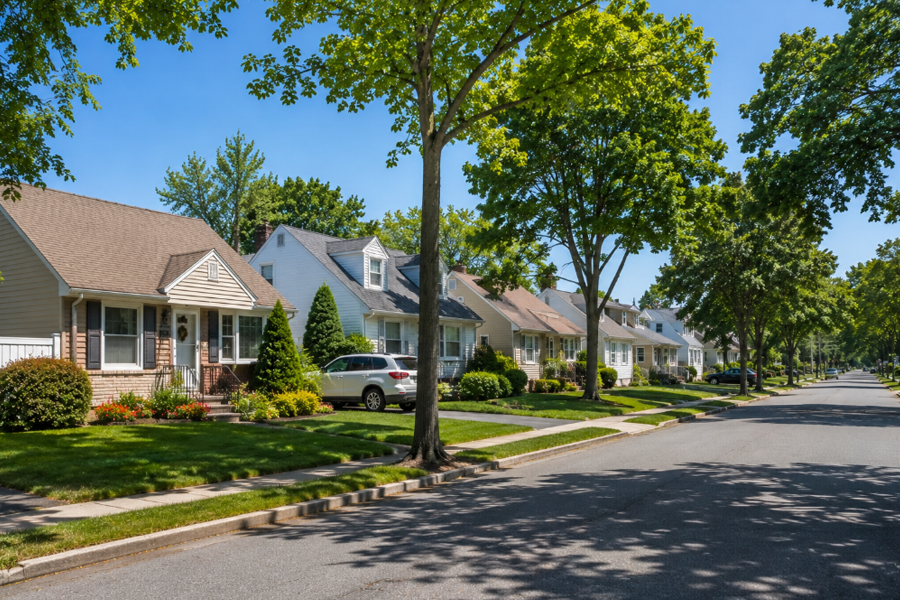 A quiet residential street in Baywood, New York, showcases the community's well-maintained homes, mature shade trees, and neatly landscaped front yards that reflect its welcoming suburban character. Located in the Town of Islip near Brentwood and Central Islip, Baywood offers residents a peaceful neighborhood setting with convenient access to parks, shopping, major roadways, and the many amenities of central Suffolk County.