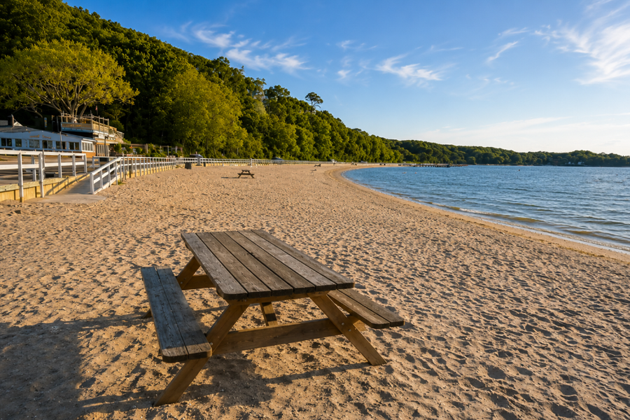 Crescent Beach on Shelter Island is shown on a warm, sunny afternoon with soft golden light illuminating the wide sandy shoreline. A weathered wooden picnic table sits prominently in the foreground, while the gently curving beach leads toward calm blue water and a tree-lined shoreline in the distance. To the left, the beachfront restaurant and white boardwalk railings frame the scene, with lush green hills rising behind them beneath a clear blue sky streaked with wispy clouds.