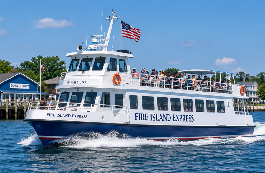 The Fire Island Express speeds across the waters off Long Island's South Shore on a bright summer day, carrying passengers between Sayville and Fire Island. With the Sayville ferry terminal visible in the background, the vessel illustrates the important role passenger ferries play in connecting mainland Long Island with Fire Island's beaches, communities, and the Fire Island National Seashore.