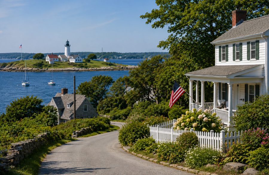 A scenic coastal roadway on Fishers Island, New York, winds past charming homes and lush gardens toward the island's picturesque shoreline, where the waters of Long Island Sound define one of the region's most secluded communities. Accessible primarily by ferry, Fishers Island is known for its quiet residential character, maritime heritage, dramatic coastal scenery, and peaceful island lifestyle that feels worlds away from the mainland.