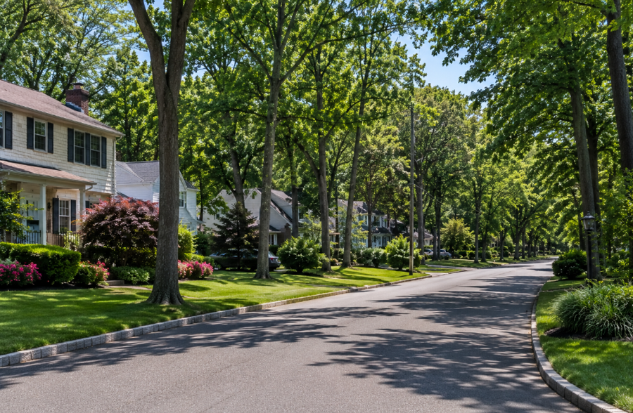 A quiet residential street in Fort Salonga, New York, reflects the community's wooded North Shore character with mature trees, spacious homes, and beautifully maintained landscaping. Known for its peaceful neighborhoods and scenic setting near the Long Island Sound, Fort Salonga offers a blend of natural beauty, historic charm, and a relaxed suburban lifestyle.