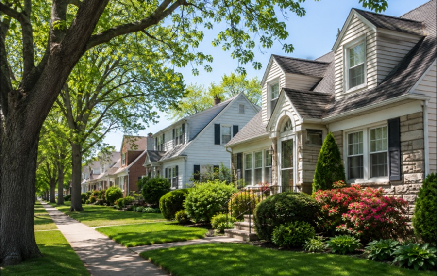 A quiet residential street in Herricks, New York, is lined with well-maintained single-family homes, mature shade trees, and neatly landscaped front yards. Sunlight filters through the leafy tree canopy, illuminating manicured lawns, colorful flowering shrubs, and clean sidewalks that reflect the welcoming suburban character of this central Nassau County community on Long Island.