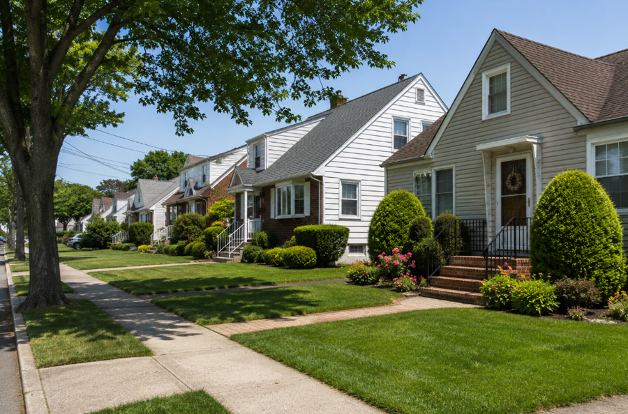 A quiet residential street in North Valley Stream, New York, showcases the community's well-maintained homes, mature shade trees, and beautifully landscaped front yards. Conveniently located near New York City while retaining a peaceful suburban atmosphere, North Valley Stream is known for its established neighborhoods, strong sense of community, and easy access to parks, shopping, and major transportation routes.
