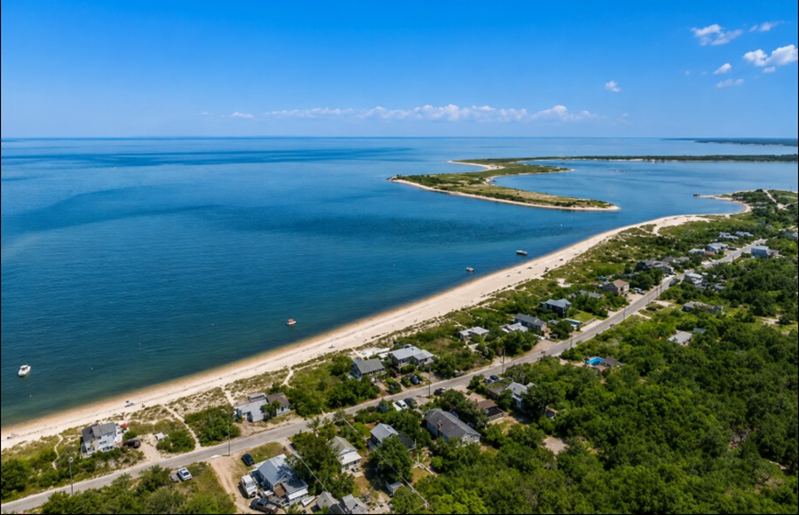 An aerial view of Napeague, New York, showcases a pristine stretch of coastline where sandy beaches, coastal homes, and winding shoreline roads meet the calm waters of Napeague Bay. Barrier beaches, salt marshes, and undeveloped natural landscapes extend into the distance, highlighting the scenic beauty and unspoiled coastal environment that define this unique hamlet on the eastern end of Long Island.