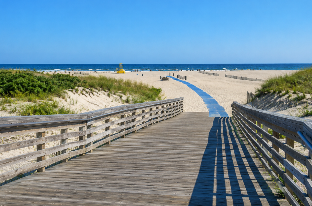A wooden boardwalk winds through the dunes toward the wide sandy shoreline at Nickerson Beach Park in Lido Beach, New York. The peaceful oceanfront scene features the Atlantic Ocean, beach grasses, and clear blue skies, offering a tranquil view of one of Nassau County's most popular public beaches.
