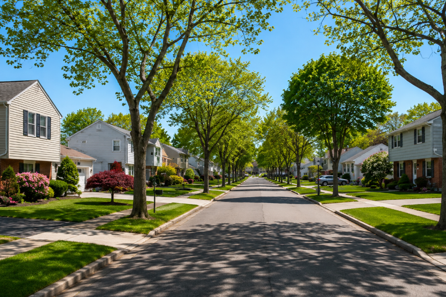 A quiet, tree-lined residential street in North Bellport, New York, features well-maintained single-family homes, manicured lawns, and mature shade trees beneath a clear blue sky. The peaceful suburban setting reflects the welcoming character and established neighborhoods that define this South Shore community in Suffolk County on Long Island.