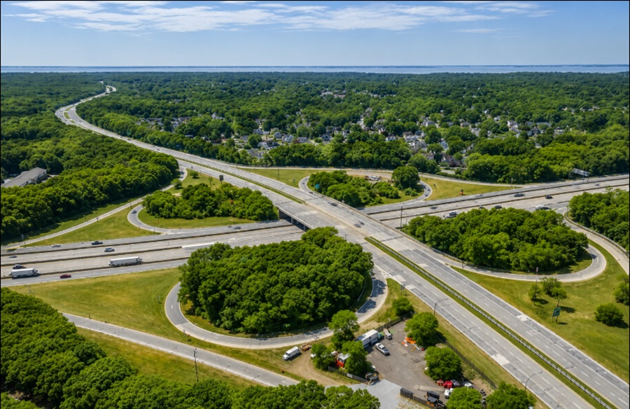 An aerial view of North Great River, New York, overlooks a major highway interchange surrounded by dense woodlands and established residential neighborhoods. Beyond the tree canopy, the waters of the Great South Bay stretch across the horizon, highlighting the hamlet's convenient transportation access, scenic natural surroundings, and desirable South Shore location on Long Island.
