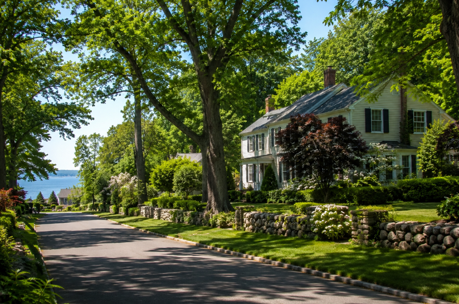 A quiet residential street in Old Field, New York, showcases elegant homes, mature trees, and beautifully landscaped properties overlooking the scenic North Shore. Nestled along the bluffs of Long Island Sound, Old Field is known for its peaceful atmosphere, historic character, and commitment to preserving the natural beauty that has long distinguished this waterfront village.