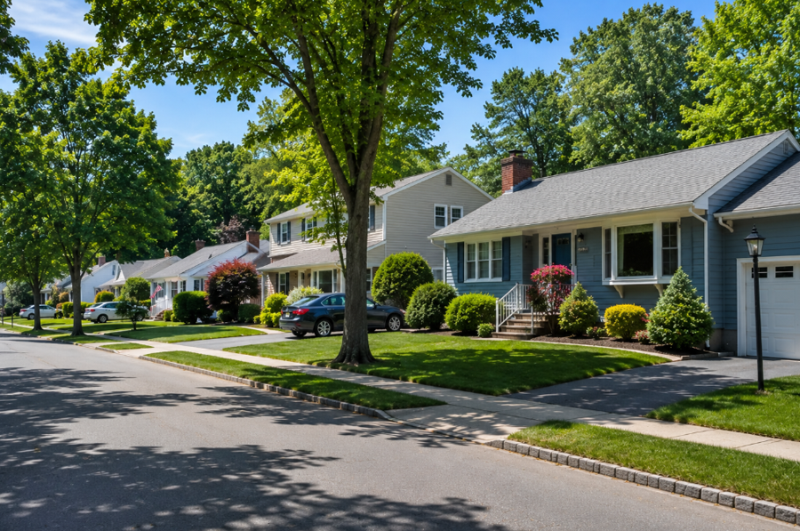 A quiet residential street in North Patchogue, New York, features well-maintained single-family homes, mature shade trees, and landscaped front yards that reflect the community's established suburban character. Located just north of the Village of Patchogue, North Patchogue offers residents a peaceful neighborhood setting with convenient access to parks, shopping, transportation, and the recreational opportunities of the Great South Bay.