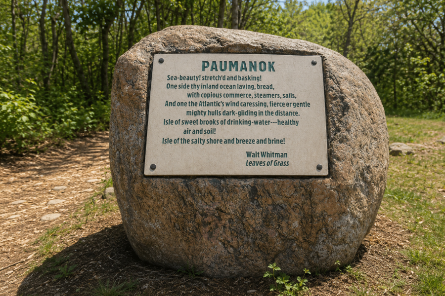 A granite monument bearing Walt Whitman's poem "Paumanok" stands along a wooded trail in West Hills County Park. Located near Jayne's Hill, the memorial celebrates the poet's enduring connection to Long Island's natural beauty and literary heritage, surrounded by mature forests that inspired generations of visitors.