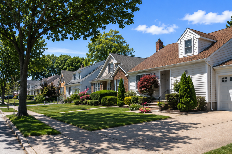 A quiet residential street in Plainedge, New York, showcases well-maintained single-family homes, mature shade trees, and neatly landscaped lawns that reflect the community's welcoming suburban character. Centrally located in southeastern Nassau County, Plainedge is known for its family-friendly neighborhoods, convenient access to parks and shopping, and easy connections to both Long Island's South Shore and New York City.