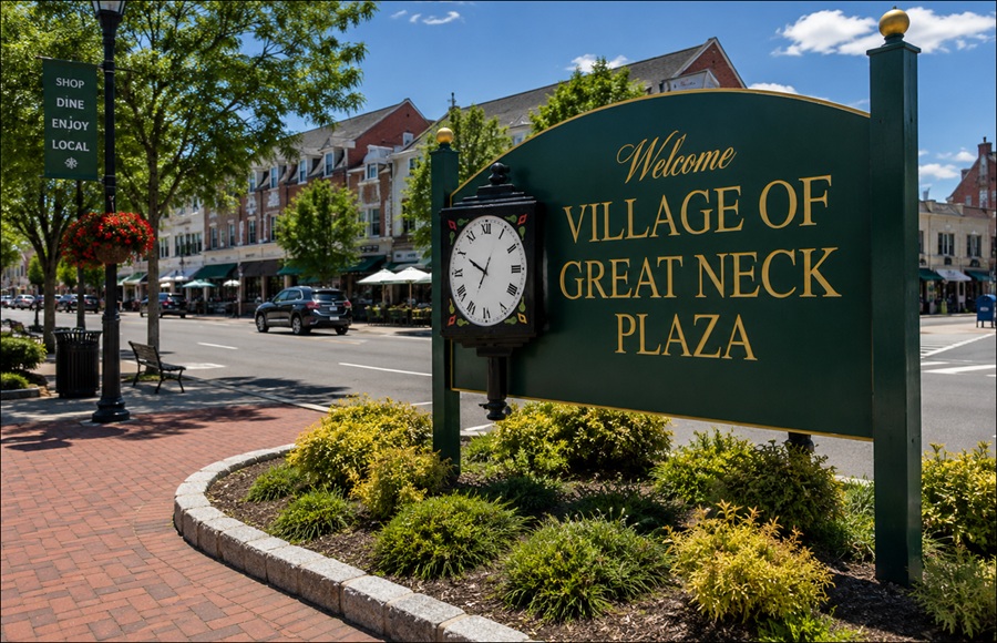 The welcoming entrance sign for the Village of Great Neck Plaza stands at the heart of the community's vibrant downtown district. Surrounded by landscaped gardens, shops, restaurants, and the Long Island Rail Road station nearby, Great Neck Plaza serves as the commercial and transportation hub of the Great Neck Peninsula.