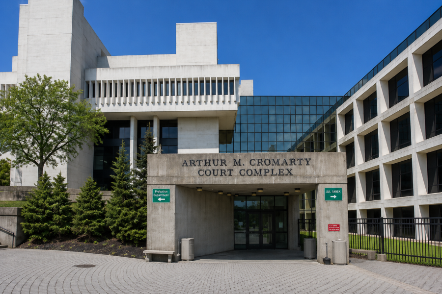 The Arthur M. Cromarty Court Complex in Riverhead serves as the primary courthouse for eastern Suffolk County, housing Supreme Court, County Court, Family Court, Surrogate's Court, and other judicial offices within the New York State Unified Court System.