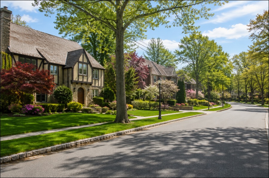 A scenic residential street in Saddle Rock Estates, New York, features upscale homes surrounded by mature trees, manicured lawns, and colorful landscaping. The gently curving roadway, elegant architecture, and park-like setting capture the quiet, affluent character of this North Shore village on the Great Neck Peninsula in Nassau County, Long Island.
