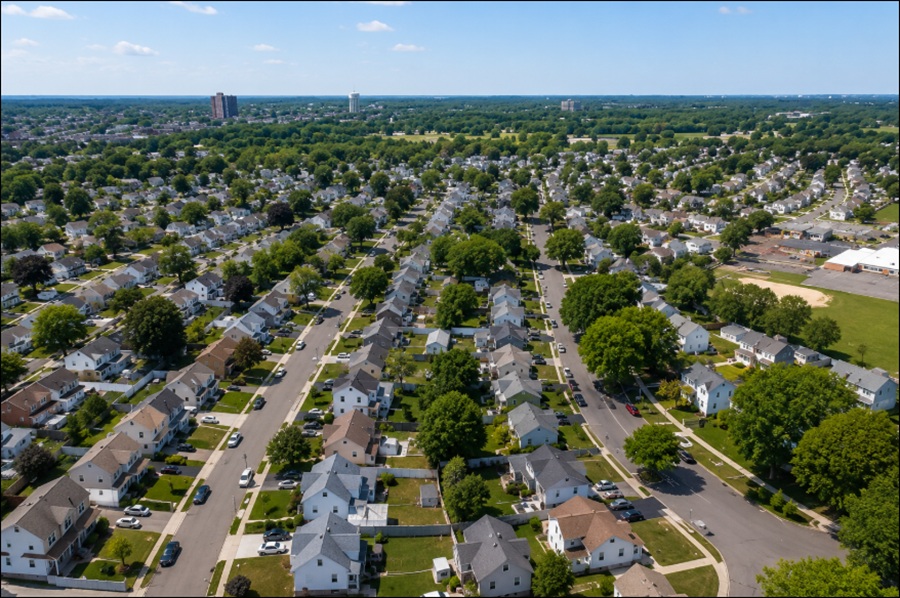An aerial view of Salisbury, New York, showcases its tree-lined residential neighborhoods, well-maintained homes, and suburban street grid, highlighting the community's central location in Nassau County on Long Island.
