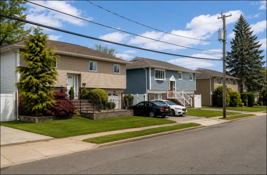 A quiet residential street in South Farmingdale, New York, features well-maintained split-level and ranch-style homes, neatly landscaped front yards, and mature trees beneath a bright blue sky. Sidewalks, manicured lawns, and a peaceful suburban setting reflect the welcoming character of this established Nassau County community on central Long Island.