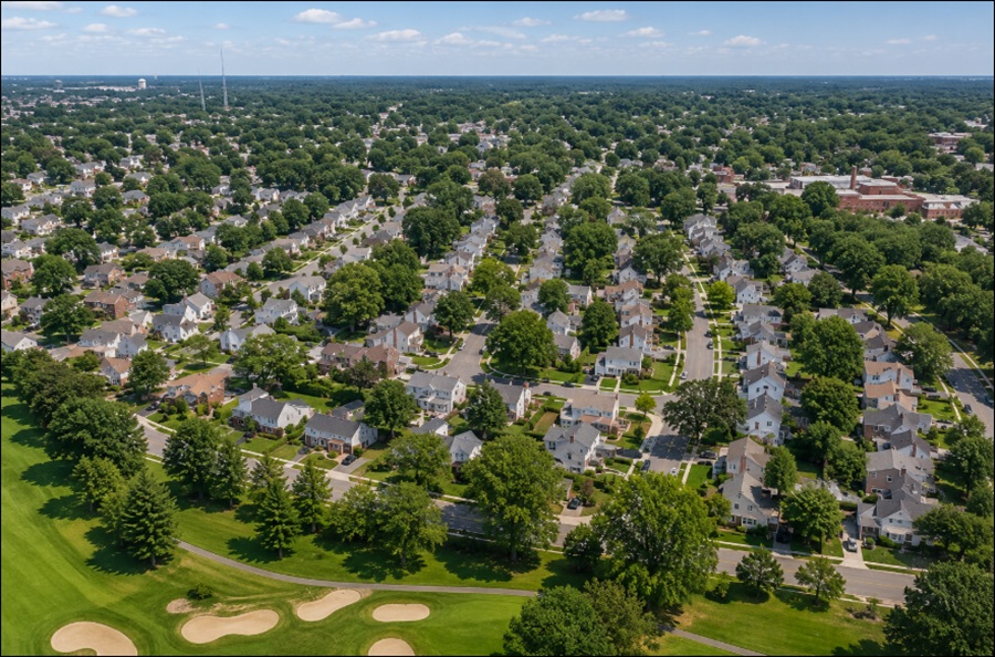A high-angle aerial photograph captures South Hempstead's quiet residential neighborhoods, featuring well-maintained single-family homes, mature trees, and an organized street grid. A golf course borders the foreground, while parks, schools, and commercial areas blend into the surrounding suburban landscape, illustrating the community's central location and easy access to nearby amenities throughout Nassau County.