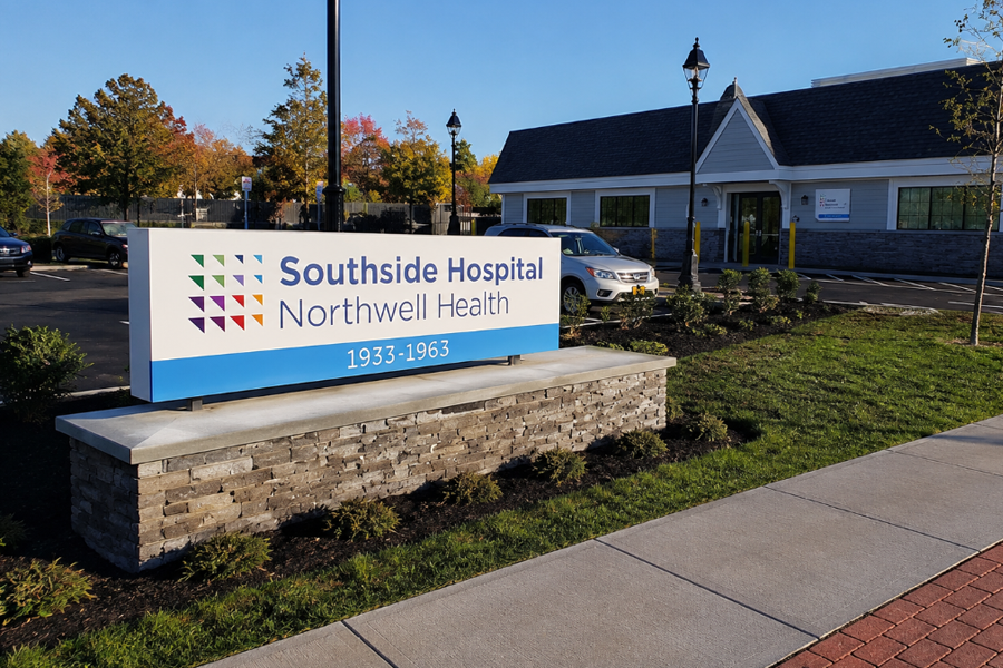 The entrance sign for South Shore University Hospital stands outside one of Long Island's leading academic medical centers in Bay Shore. Part of the Northwell Health system, the hospital provides comprehensive emergency, trauma, cardiovascular, cancer, and specialty medical services to patients throughout Suffolk County and the greater Long Island region.