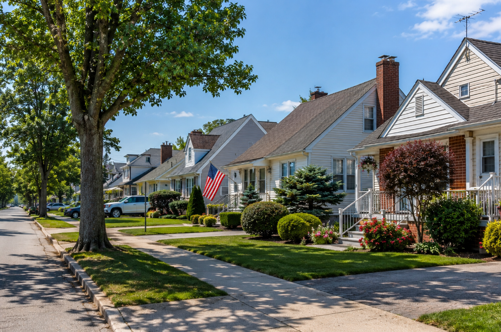 A quiet residential street in Bellerose Terrace, New York, reflects the community's well-kept homes, mature shade trees, and peaceful suburban character. Located along the Nassau–Queens border, Bellerose Terrace offers residents a convenient location with easy access to parks, shopping, Long Island Rail Road service, and New York City.