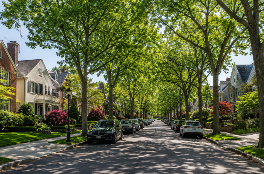 A quiet, tree-lined residential street in Thomaston showcases the village's well-maintained homes, mature shade trees, and suburban character on the Great Neck Peninsula. The neighborhood reflects the peaceful setting and attractive streetscapes that define many of Nassau County's established North Shore communities.