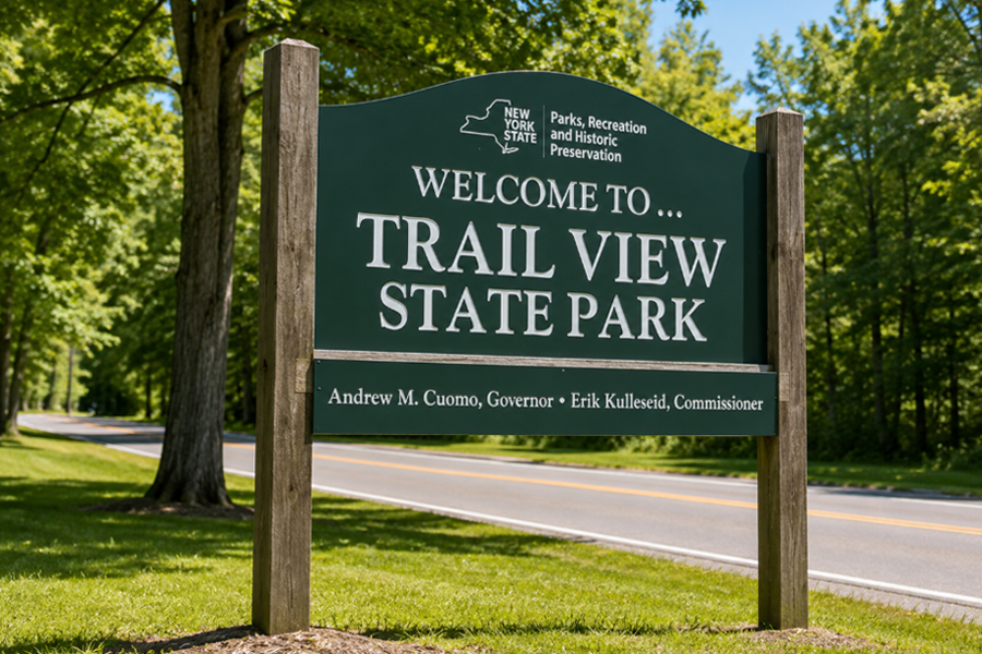 The entrance sign for Trail View State Park welcomes visitors to one of Long Island's largest natural preserves, where miles of wooded hiking, biking, and horseback riding trails wind through mature forests and rolling terrain. Located along Jericho Turnpike in western Suffolk County, the park offers year-round opportunities for outdoor recreation and nature exploration.