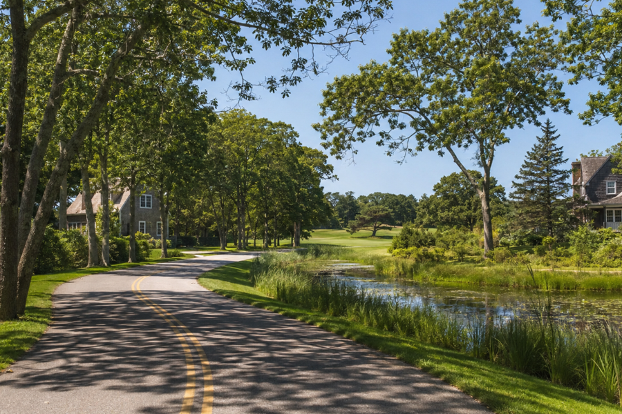 A quiet tree-lined road passes cedar-shingled homes, wetlands, and open green space in Tuckahoe, New York. The wooded surroundings reflect the peaceful residential character of this Southampton hamlet. Tuckahoe is also known for its proximity to several prominent golf courses and the shops, restaurants, and beaches of Southampton Village.