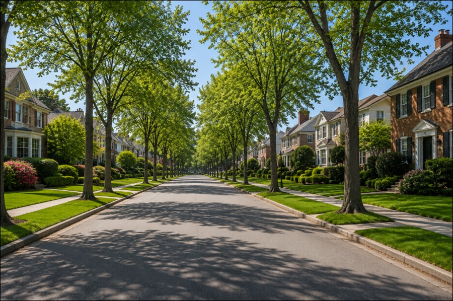 A quiet residential street in University Gardens, New York, is lined with mature shade trees, beautifully maintained brick and traditional-style homes, and manicured lawns. The wide, tree-canopied roadway, landscaped front yards, and peaceful suburban setting reflect the village's welcoming character and its desirable location in Nassau County on Long Island.