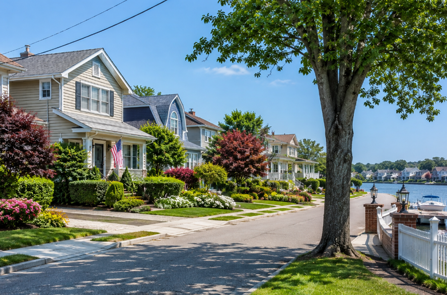 A quiet waterfront neighborhood in Bay Park, New York, showcases well-maintained homes overlooking Reynolds Channel, where boating and coastal living are part of everyday life. Nestled along Nassau County's South Shore, Bay Park combines peaceful residential streets with convenient access to marinas, parks, beaches, and nearby Long Island Rail Road service.