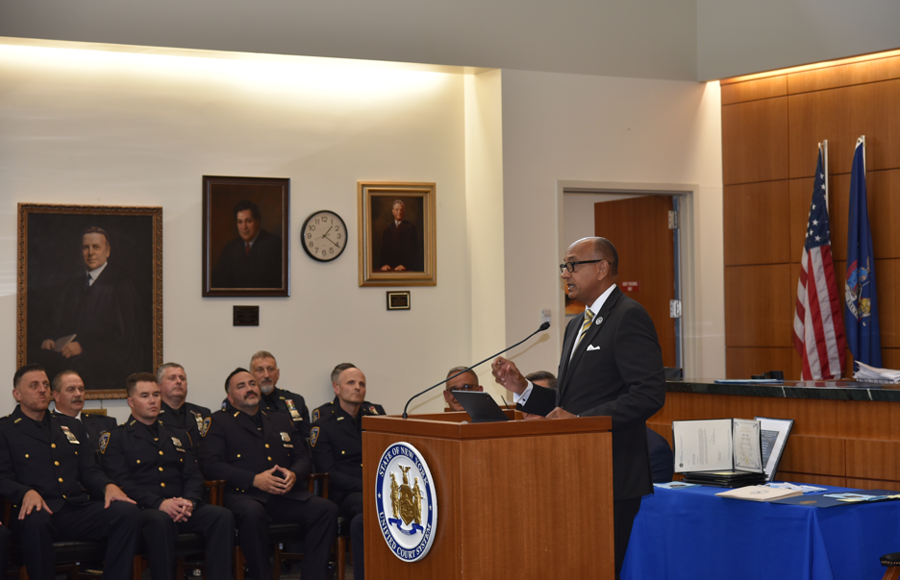 First Deputy Chief Administrative Judge Norman St. George gives a keynote address commending the bravery and dedication of Suffolk’s court officers.