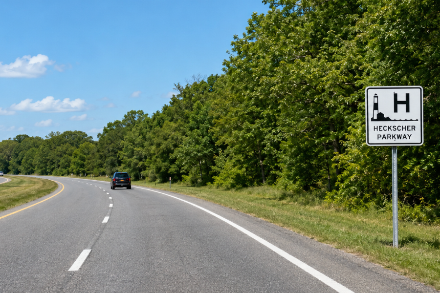 A Heckscher Parkway sign marks a tree-lined stretch of roadway beneath clear blue skies in Suffolk County. The scenic parkway provides access to Heckscher State Park and the Great South Bay waterfront in the Town of Islip.