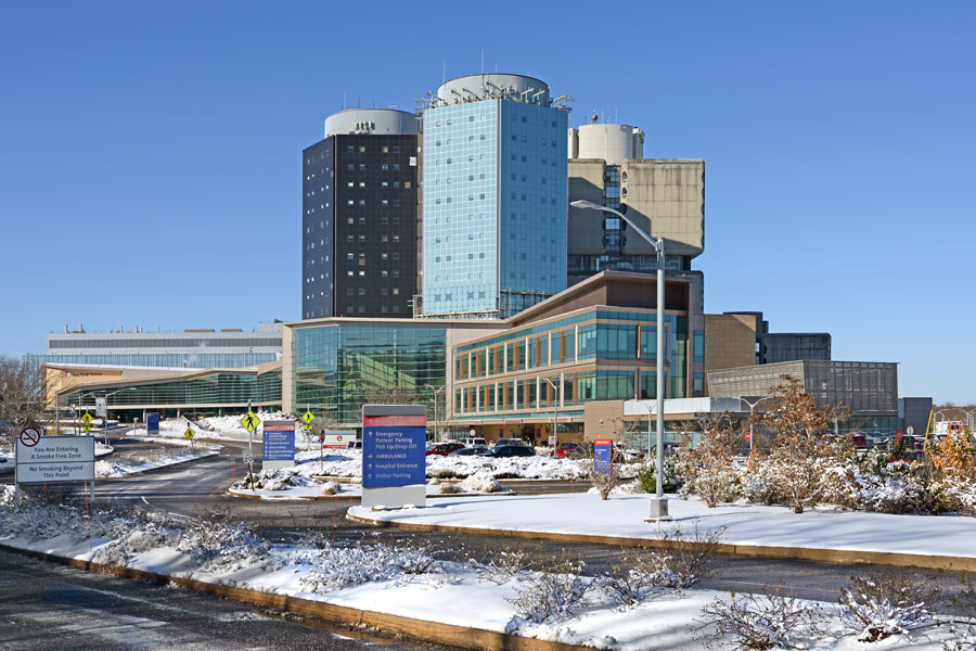 Winter snow surrounds Stony Brook University Hospital, one of Long Island's leading academic medical centers and the primary teaching hospital for Stony Brook Medicine.