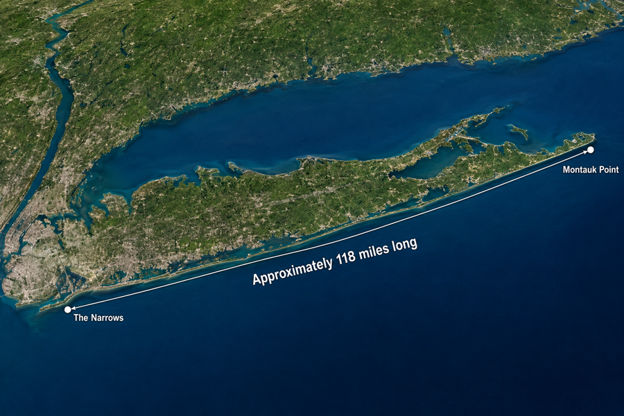 A custom satellite-view illustration shows Long Island stretching approximately 118 miles from The Narrows in southwestern Brooklyn to Montauk Point at the eastern tip. The measurement illustrates the island’s full west-to-east length.