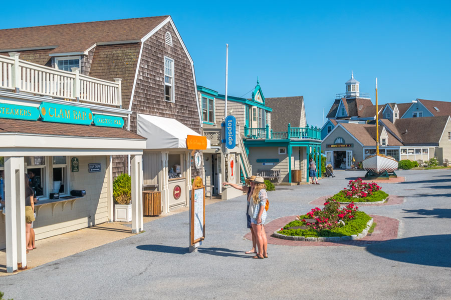 Visitors explore the waterfront village at Gurney's Montauk Resort & Seawater Spa, one of Long Island's best-known resort destinations. From luxury oceanfront resorts to boutique inns and waterfront hotels, accommodations across the island offer convenient access to beaches, marinas, wineries, villages, and other popular attractions.