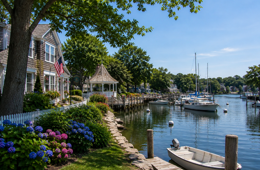A tranquil waterfront neighborhood in Dering Harbor, New York, overlooks a protected harbor where sailboats, docks, and beautifully maintained homes reflect the timeless charm of Shelter Island. As one of Long Island's smallest incorporated villages, Dering Harbor is known for its peaceful maritime setting, historic character, and scenic coastal beauty surrounded by the waters of Shelter Island Sound.
