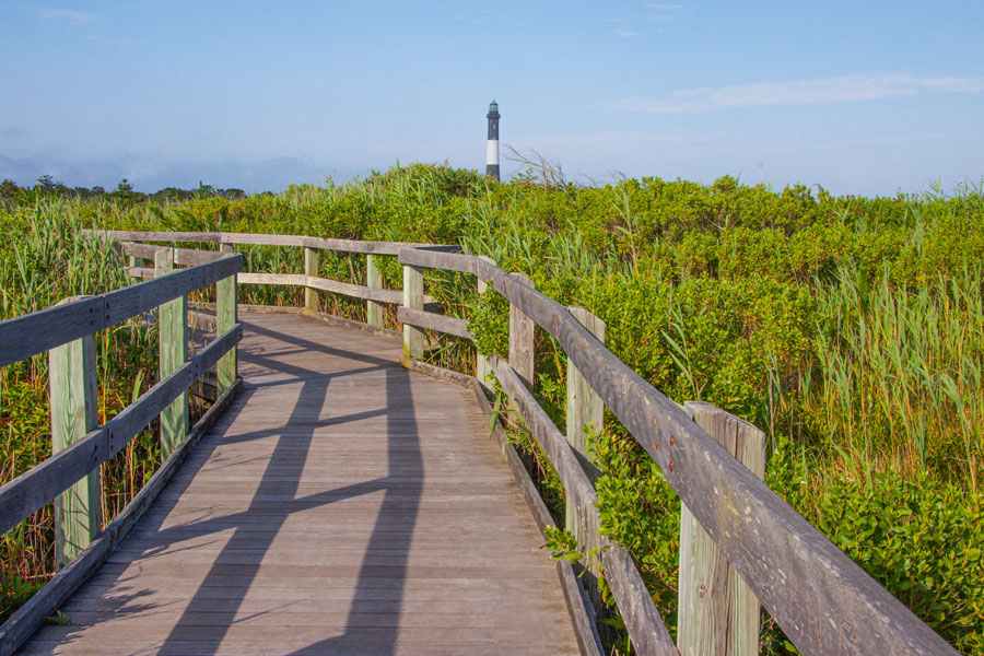 A wooden boardwalk winds through the coastal dunes of Fire Island National Seashore, leading toward the iconic Fire Island Lighthouse.