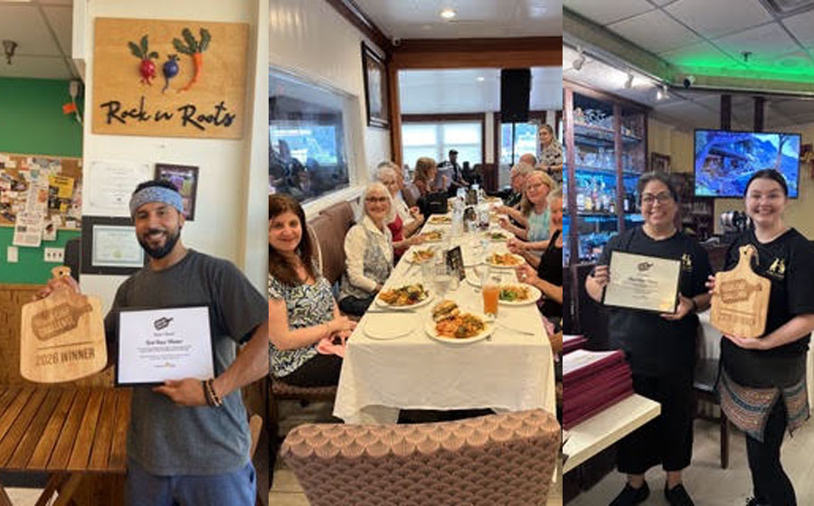 Scenes from the Central Long Island Vegan Chef Challenge, which drew more than 400 votes from diners during the month-long event. From left, representatives of Rock n Roots display their award, participating diners enjoy vegan dishes at one of the challenge restaurants, and staff members at Phayathai pose with their award. Photo credit: Vegan Outreach.