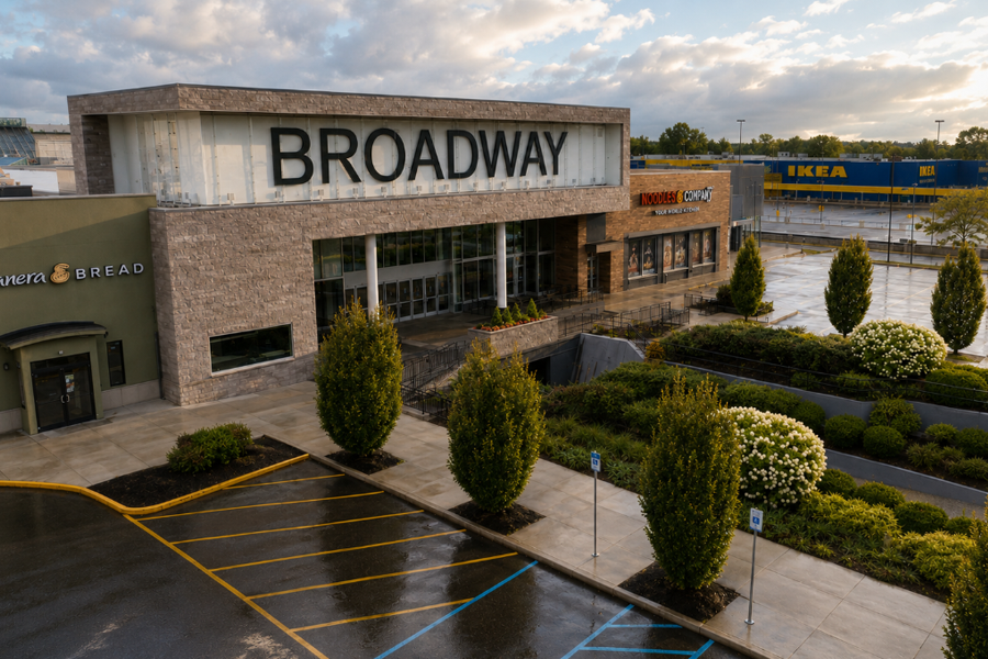 An early morning view of Broadway Commons in Hicksville, Long Island, showing the shopping center’s Broadway entrance, landscaped terraces, Noodles & Company, Panera Bread and IKEA in the background beneath a partly cloudy evening sky.