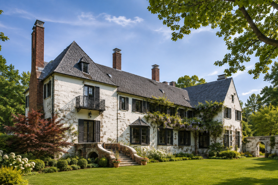 Chelsea Mansion stands within Muttontown Preserve on Long Island’s North Shore, reflecting the Gold Coast estate history that still shapes the property today. Surrounded by lawns, mature trees, and landscaped grounds, the historic mansion adds a distinctive architectural element to the preserve’s natural setting.
