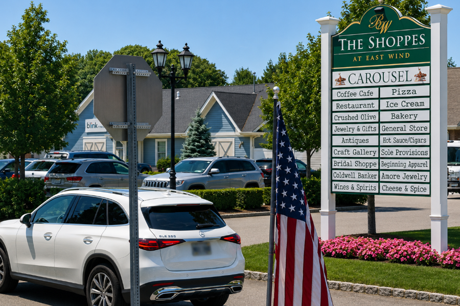 The Shoppes at East Wind in Wading River, New York, welcomes visitors with its landscaped entrance, distinctive village-style architecture, and a collection of specialty shops, cafés, restaurants, and local boutiques.
