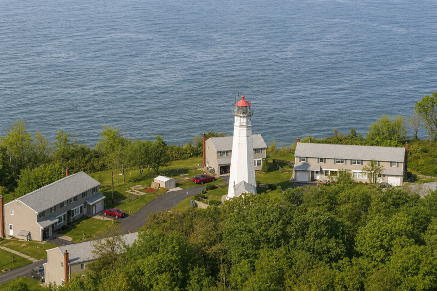 Eaton’s Neck Lighthouse stands beside the historic Coast Guard station at the northern tip of Eaton’s Neck in Suffolk County, New York. First lit in 1799, the active lighthouse continues to guide vessels entering Huntington Bay and Long Island Sound.