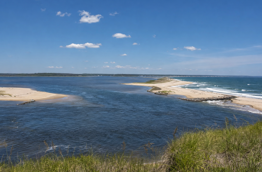 Moriches Inlet opens between the calm waters of Moriches Bay and the Atlantic Ocean along Long Island’s South Shore. Sandy barrier beaches and low dunes frame the tidal channel, where waves break along the ocean shoreline. The view highlights the inlet’s dynamic coastal setting and its importance to boating, fishing, and marine recreation.