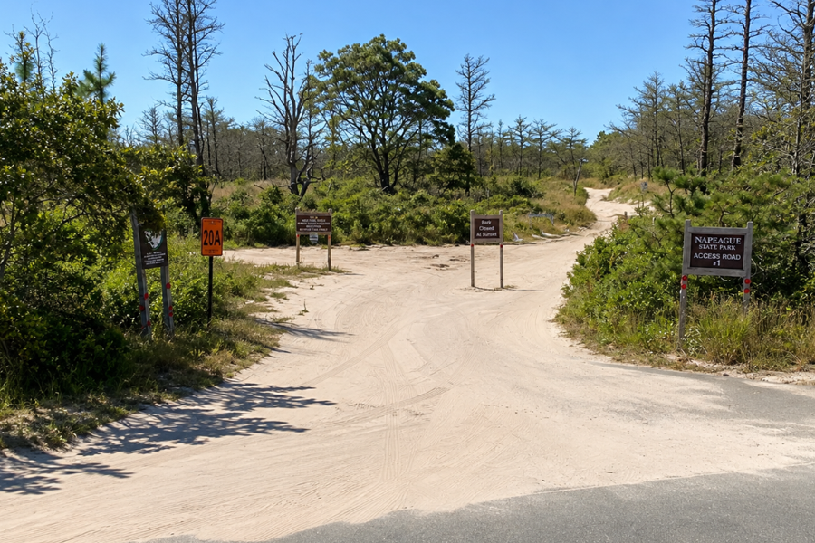 The entrance to the four-wheel-drive access area at Napeague State Park in Amagansett. The sandy access road leads into the park’s undeveloped coastal landscape, where permitted 4x4 vehicles can reach designated beach areas subject to current New York State Parks rules and conditions.