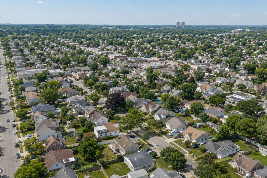 An aerial view depicts the tree-lined streets, closely spaced homes and suburban character of North New Hyde Park in western Nassau County. The community lies near the Queens border, offering convenient access to New York City while retaining a distinctly residential setting.