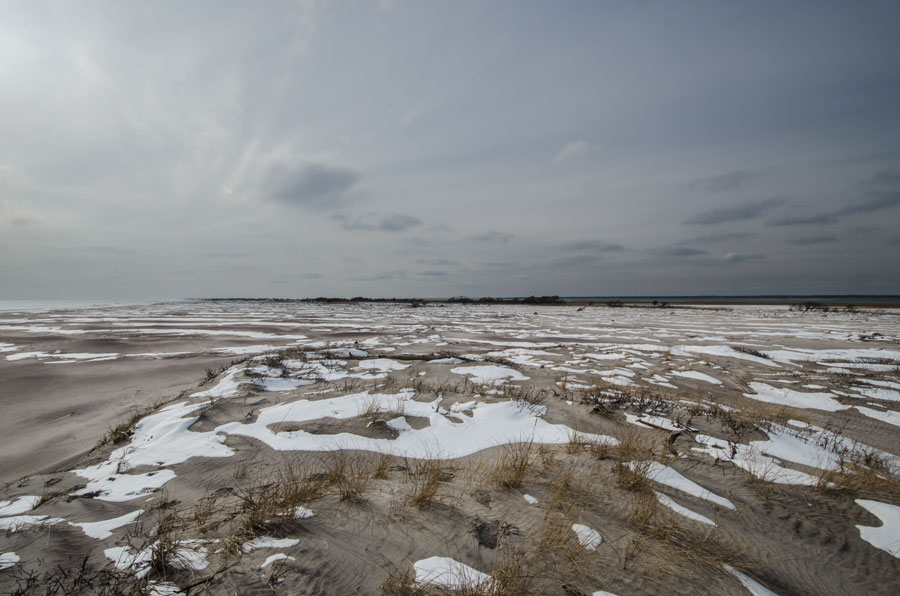 Winter view of the Old Inlet area within Fire Island National Seashore, where Hurricane Sandy caused major overwash and reopened the barrier island in 2012. The scene shows the low, storm-shaped dunes and sandy coastal terrain that illustrate how dramatically this section of Fire Island can change during major coastal events.