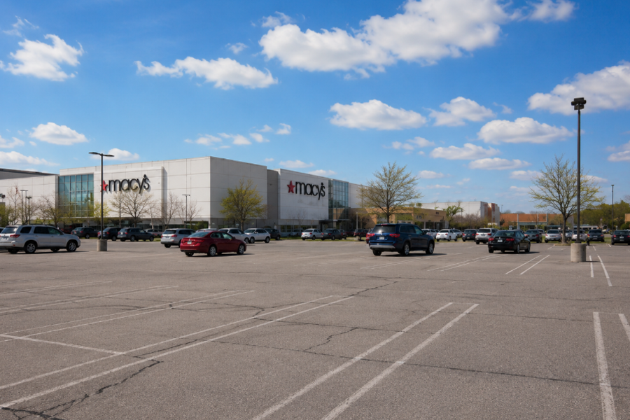 South Shore Mall in Bay Shore, New York, features a spacious shopping complex anchored by Macy's and surrounded by a variety of national retailers, restaurants, and services. This expansive parking area serves one of Suffolk County's long-established shopping destinations, welcoming visitors from across Long Island.